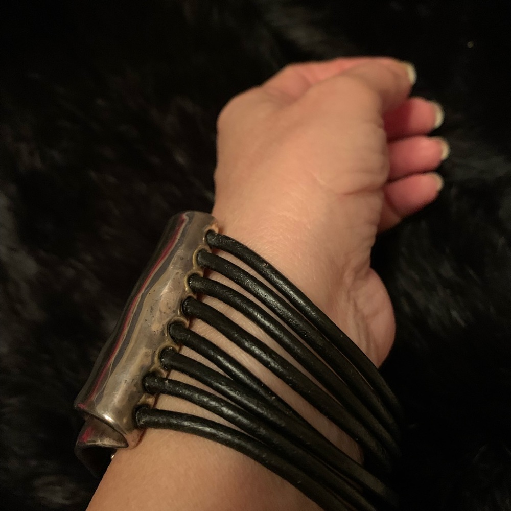 Silver Statement Cuff Bracelet With Black Wire Ba… - image 4
